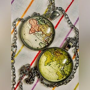 Set of 2 ancient map drawings paintings necklaces unisex